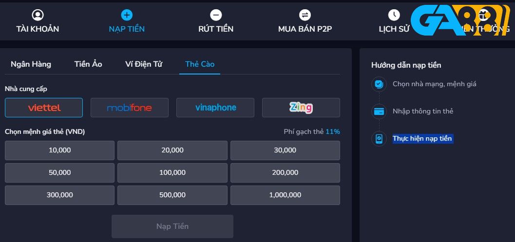 Các phương thức nạp tiền tại GA88